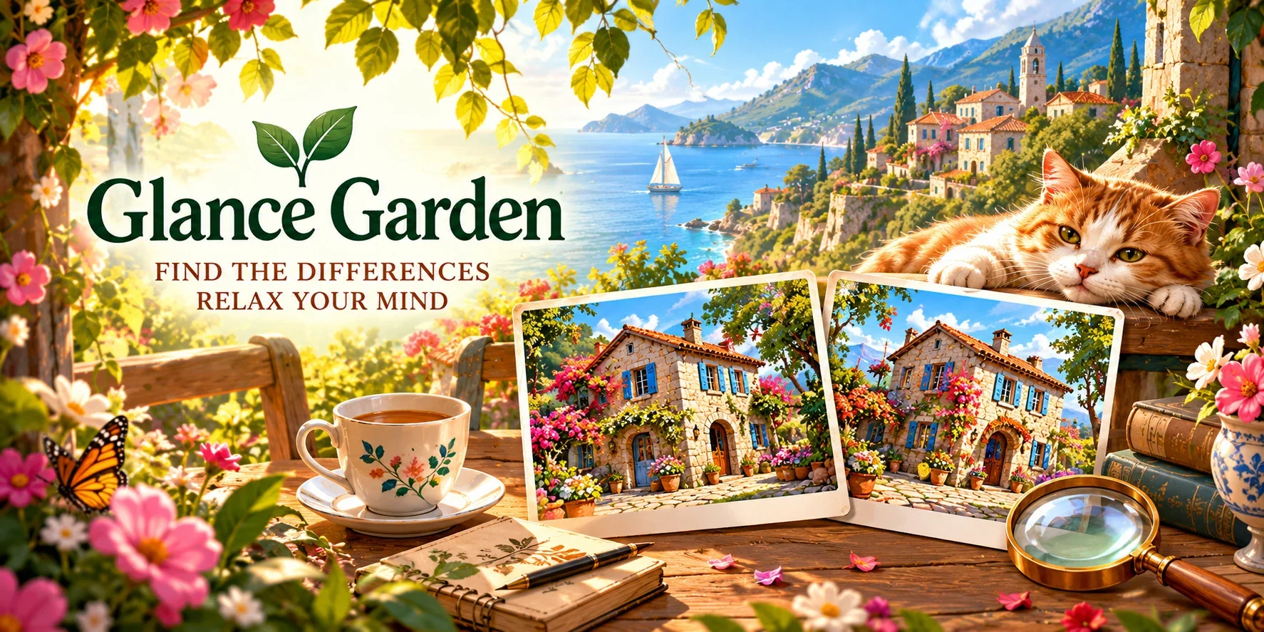 Glance Garden artwork: two side-by-side picture cards of a flower-covered stone house on a sunny garden table, with a magnifying glass, a tea cup, an orange-and-white cat and a coastal village behind.