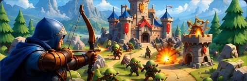 Munteva TD Artwork: ein Bogenschütze mit Kapuze verteidigt eine Burg gegen Goblins.