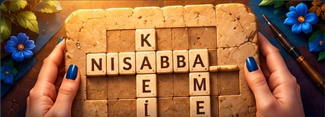 Nisabba Artwork: Hände legen Buchstabenplättchen auf ein Kreuzworträtsel-Brett aus Ton.