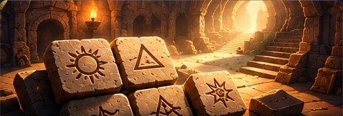 Nisabba: Lost Tablets Artwork: gemeißelte Steintafeln in einer fackelbeleuchteten Ruine.
