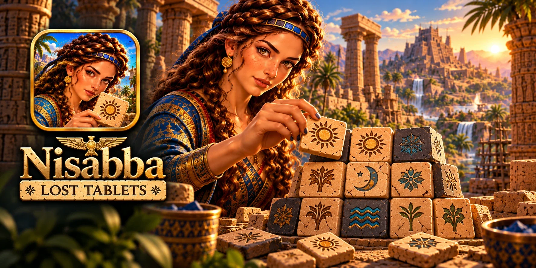Nisabba: Lost Tablets artwork: a woman lifts a sun-marked stone tablet from a layered stack of symbol tablets in an ancient riverside city.