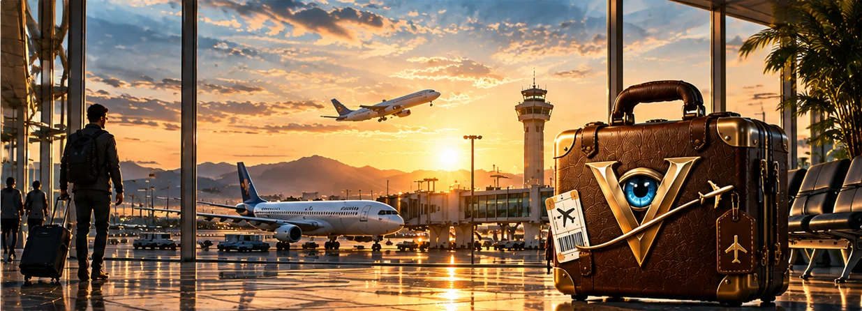 Viremi-Artwork: Ein Lederkoffer mit goldenem V und blauem Auge steht bei Sonnenuntergang in einem Flughafenterminal, dazu ein Reisender, ein Flugzeug auf dem Vorfeld, ein Tower und ein startendes Flugzeug.